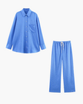 Lichtblauwe Gestreepte Dames Set met Blouse en Broek