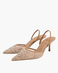 Beige Slingback Hakken met Borduursel – Mesh Pumps met Parels