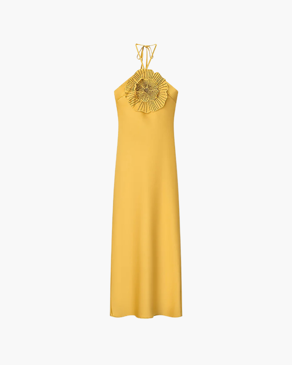 Gele Halter Maxi Jurk met 3D Bloem