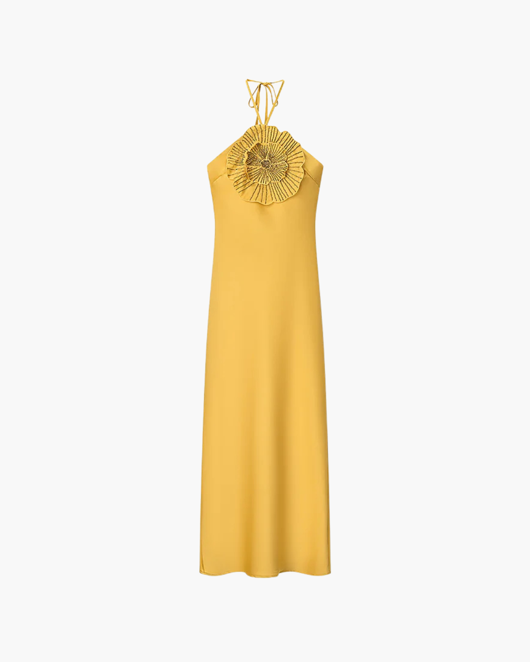 Gele Halter Maxi Jurk met 3D Bloem