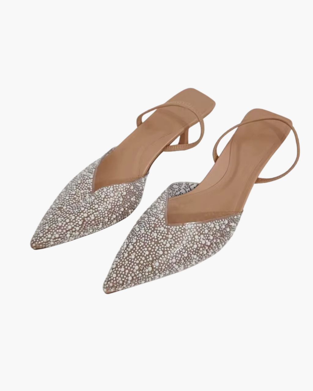 Beige Slingback Muiltjes met Strass – Puntige Hakken met Parels