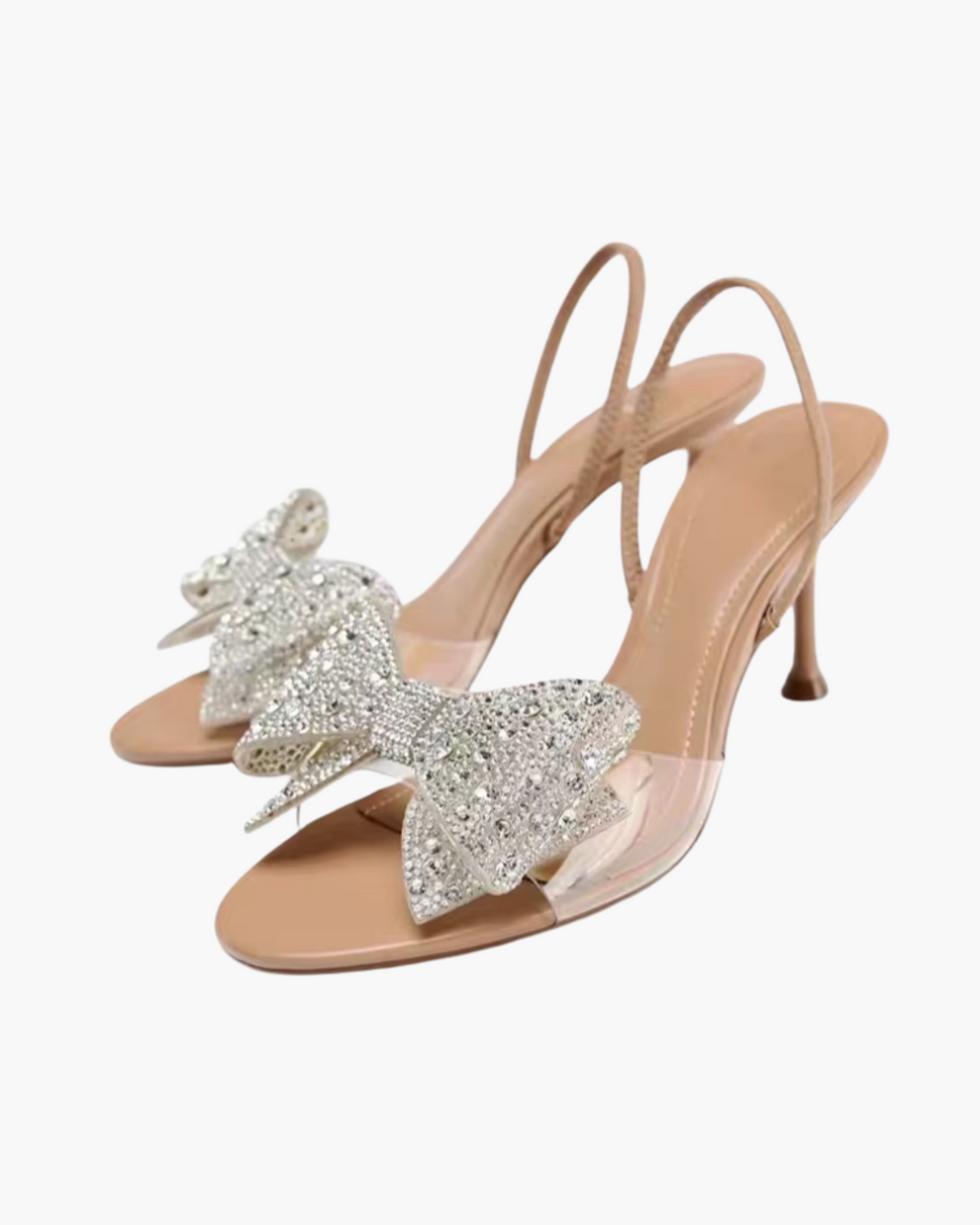 Beige Sandalen met Strass Strik – Hakken met Transparant Bandje