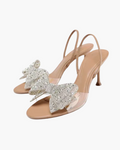 Beige Sandalen met Strass Strik – Hakken met Transparant Bandje