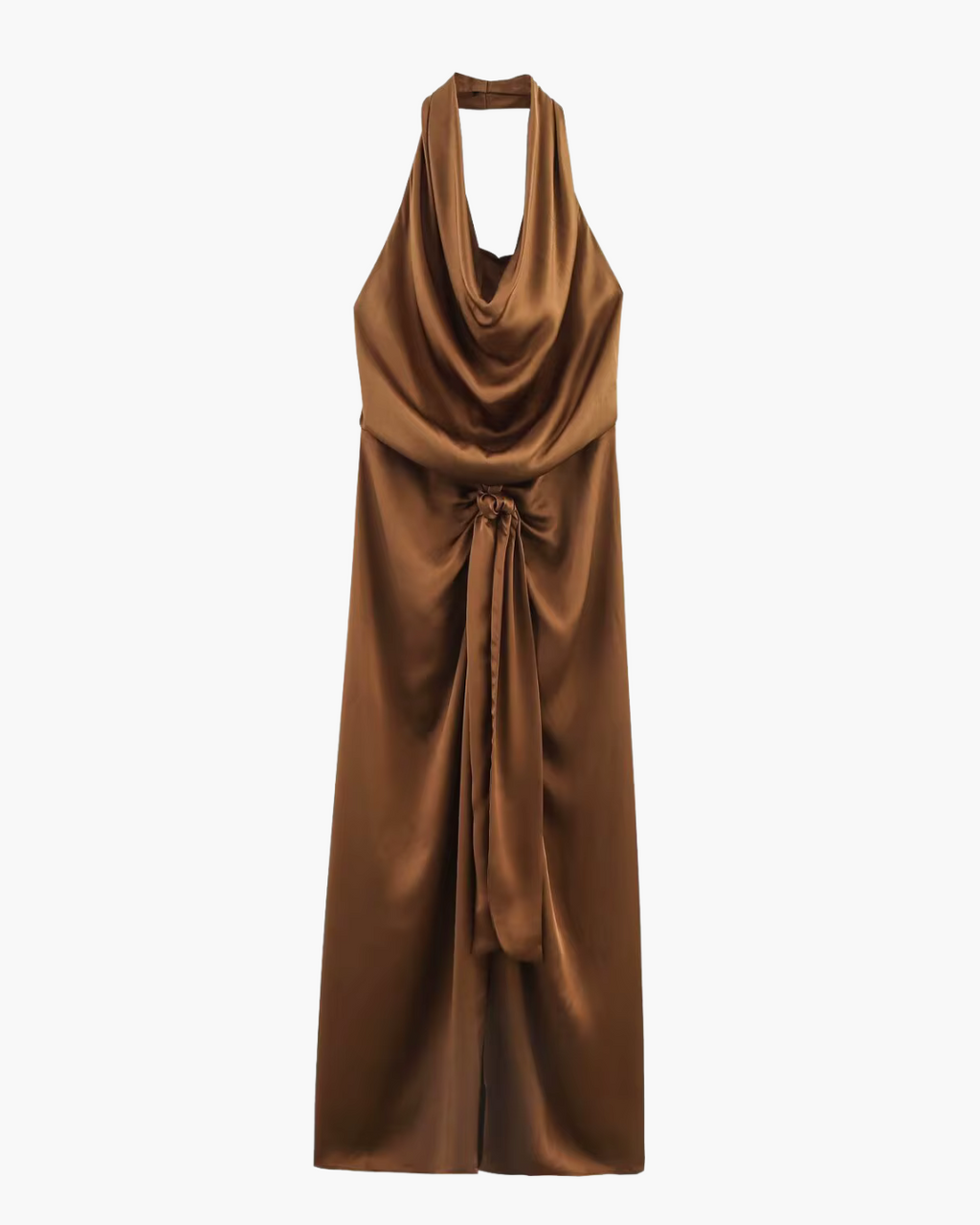 Bruine Satijnen Halter Maxi Jurk