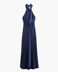 Donkerblauwe Halter Maxi Jurk van Satijn