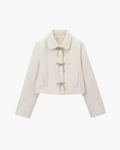 Crème Tweed Jasje Dames – Cropped Jasje met Strikjes & Ronde Kraag