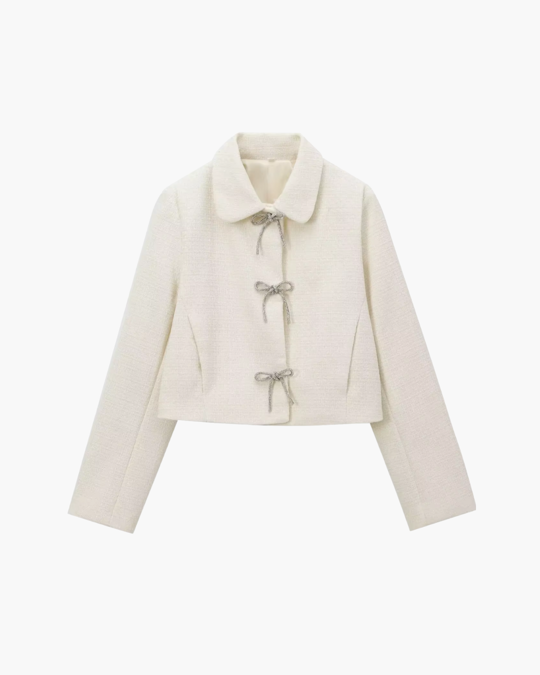 Crème Tweed Jasje Dames – Cropped Jasje met Strikjes & Ronde Kraag