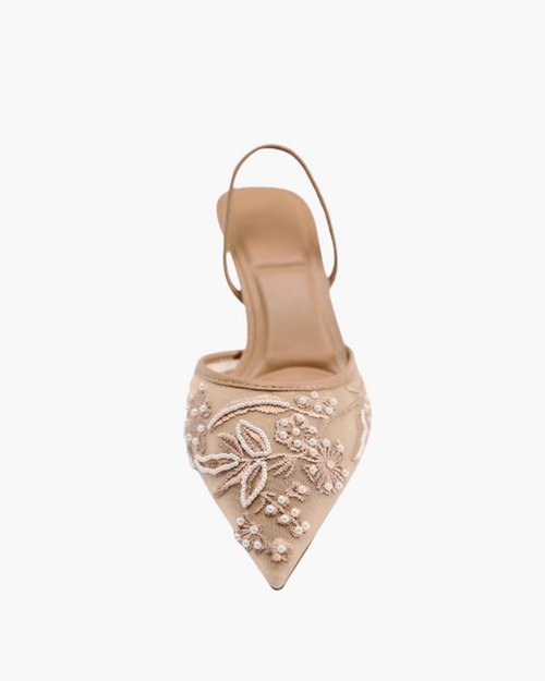 Beige Slingback Hakken met Borduursel – Mesh Pumps met Parels