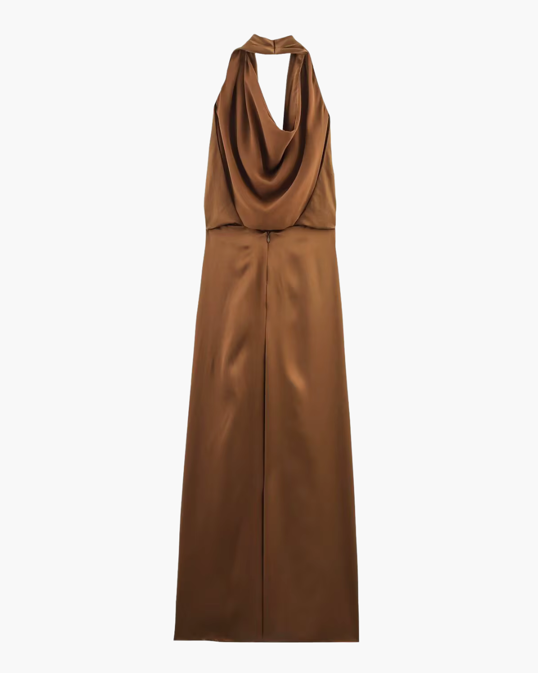Bruine Satijnen Halter Maxi Jurk