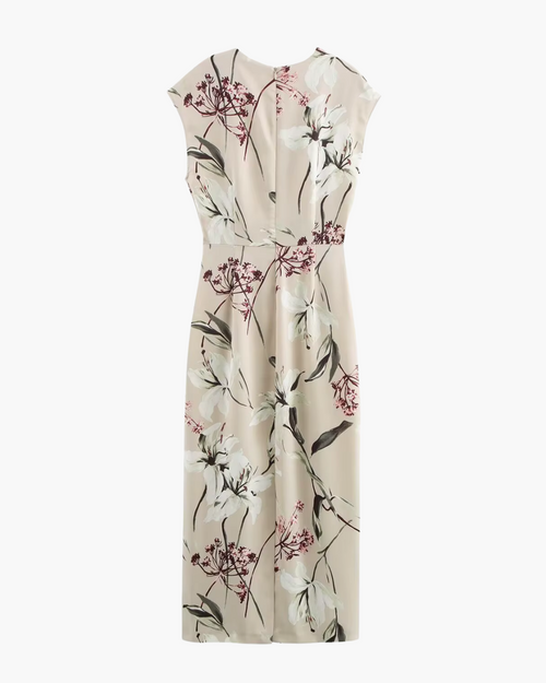 Beige Midi Jurk met Bloemenprint