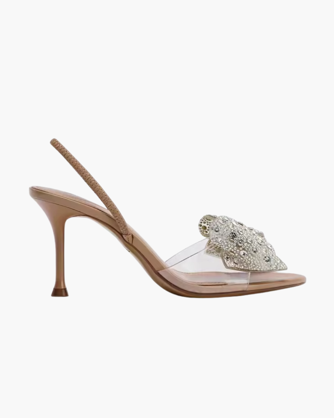 Beige Sandalen met Strass Strik – Hakken met Transparant Bandje
