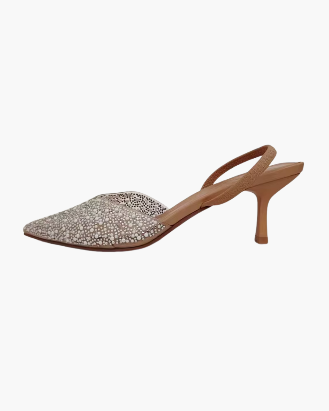 Beige Slingback Muiltjes met Strass – Puntige Hakken met Parels