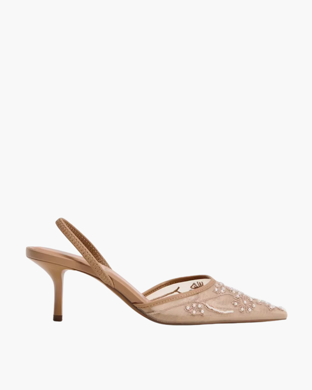 Beige Slingback Hakken met Borduursel – Mesh Pumps met Parels