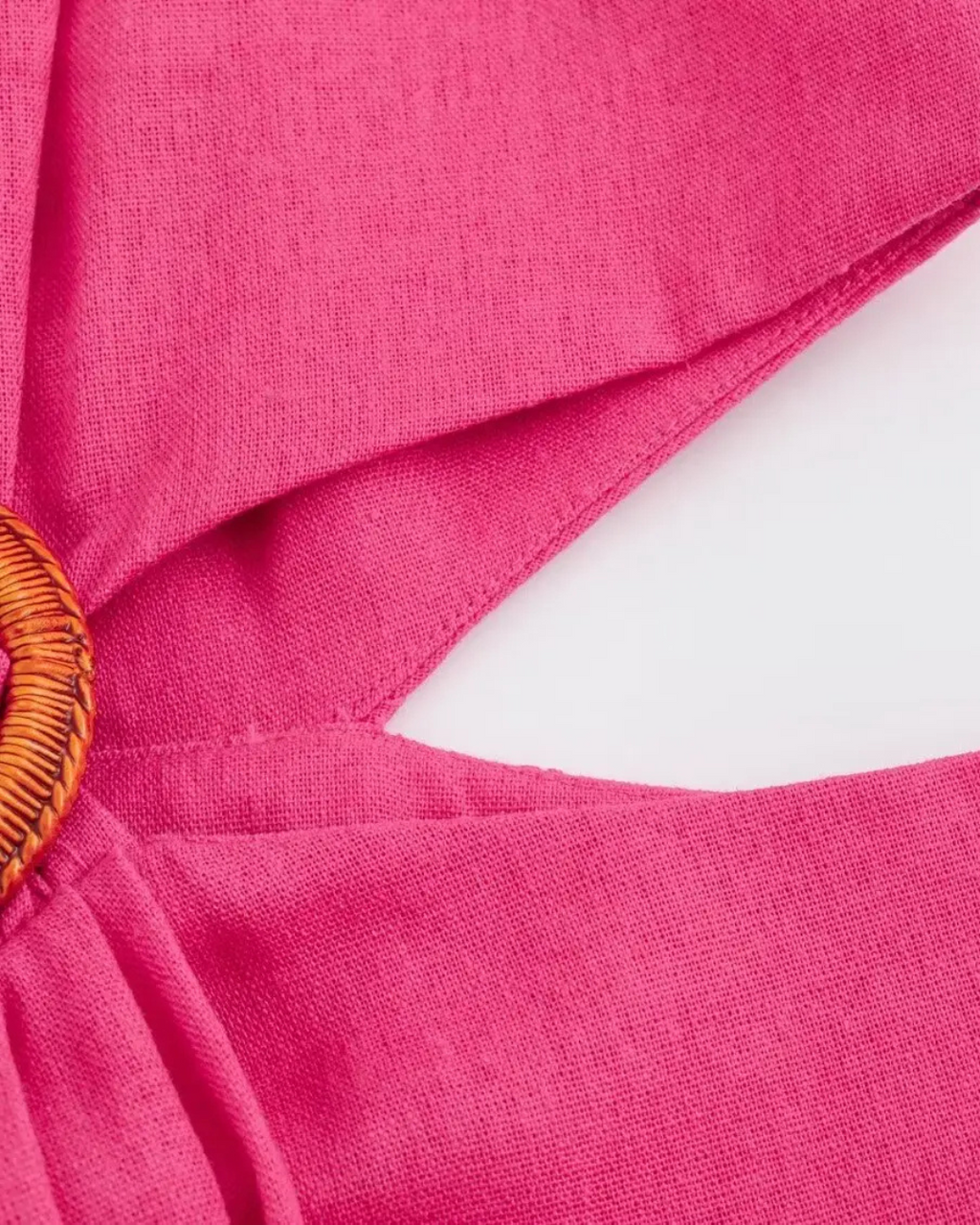 Fuchsia Midi Jurk Dames – Mouwloze Jurk met Cut-Out & Ringdetail