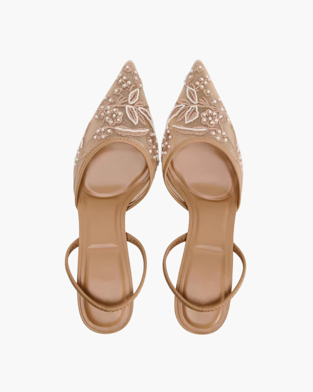Beige Slingback Hakken met Borduursel – Mesh Pumps met Parels