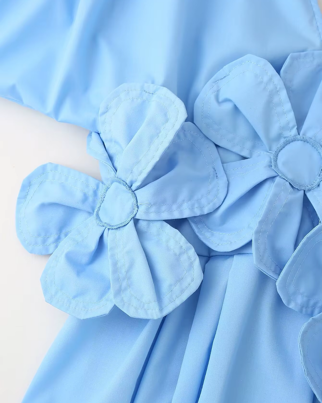 Lichtblauwe Midi Jurk met 3D Bloemen