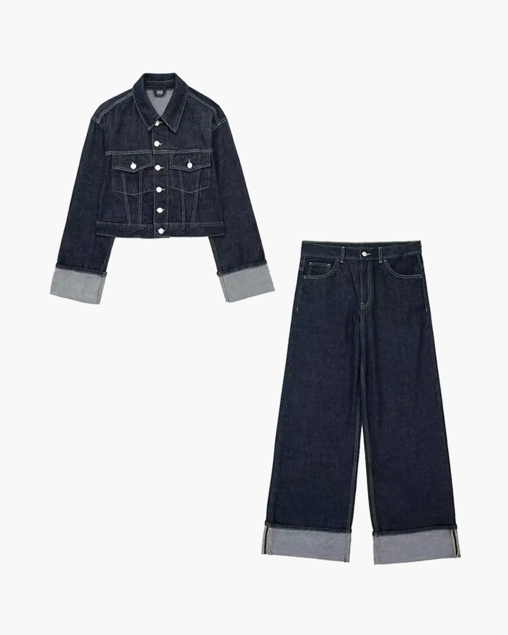 Tweedelige Denim Set – Cropped Jack & Wijde Spijkerbroek Donkerblauw